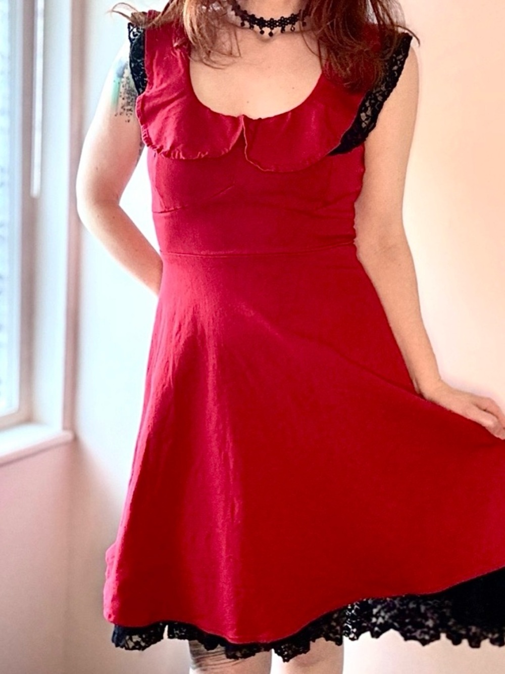 Hot Topic Red Skater Dress M Black Lace Trim Fit Flare Mini Goth